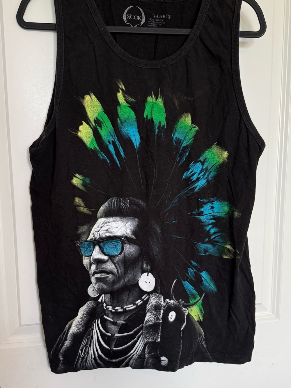 Black Graphic Tank Top with Green-Blue Feather Headdress